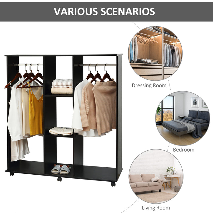 Double-Sided Mobile Wardrobe - Clothes Hanging Rails with Storage Shelves, Bedroom Organizer - Ideal for Space-Saving Clothing Management