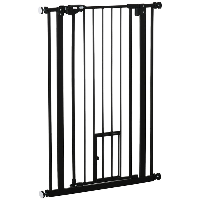 Extra Tall Pet Safety Gate with Cat Door - Doorway & Stair Protection with Auto Close and Double Locking - Ideal for Large Dogs & Small Pets, 104cm Height, 74-80cm Adjustable Width, Black