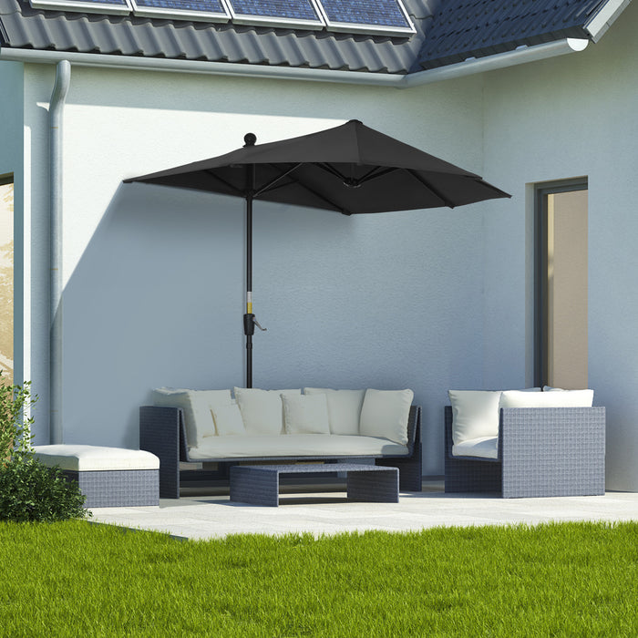 Half Parasol Market Umbrella - 2-Meter Double-Sided Canopy with Crank Handle and Base for Garden Balcony - Black Shade Solution for Limited Space Environments