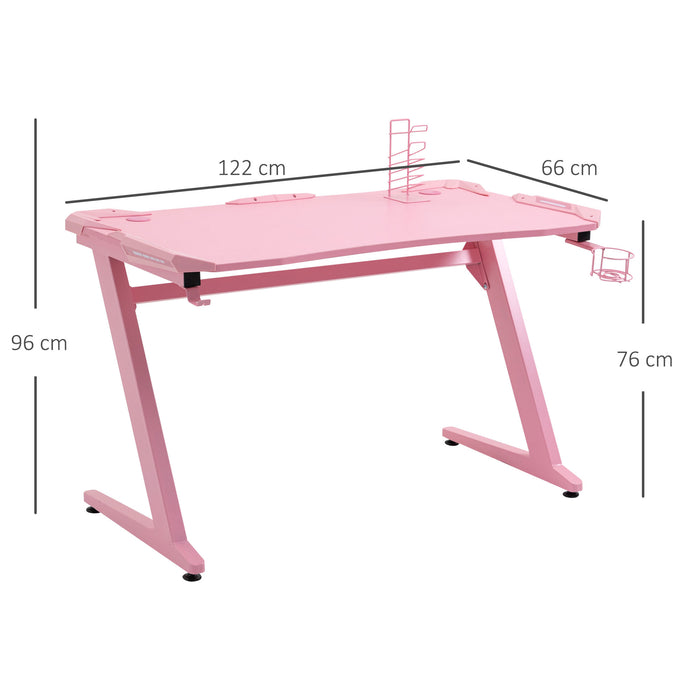 Ergonomic Gaming Desk with Headphone Hook and Cup Holder - Home Office Gamer Workstation Racing Table in Pink - Ideal for Comfort and Style in Gaming Setups (122 x 66 x 86cm)