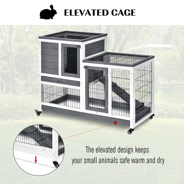 Elevated Wooden Guinea Pig Hutch with Enclosed Run - Wheeled Indoor Cage for Small Pets in Grey and White - Perfect Habitat for Rabbits and Guinea Pigs