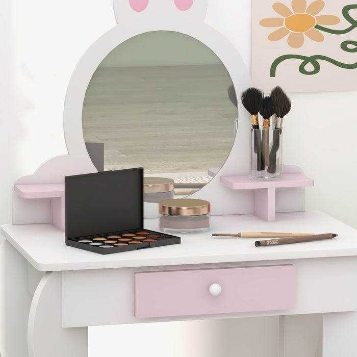 Bunny-Design Children's Vanity Set - Play Dressing Table with Mirror and Matching Stool, White and Pink - Perfect for Creative Play and Dress-Up Fun