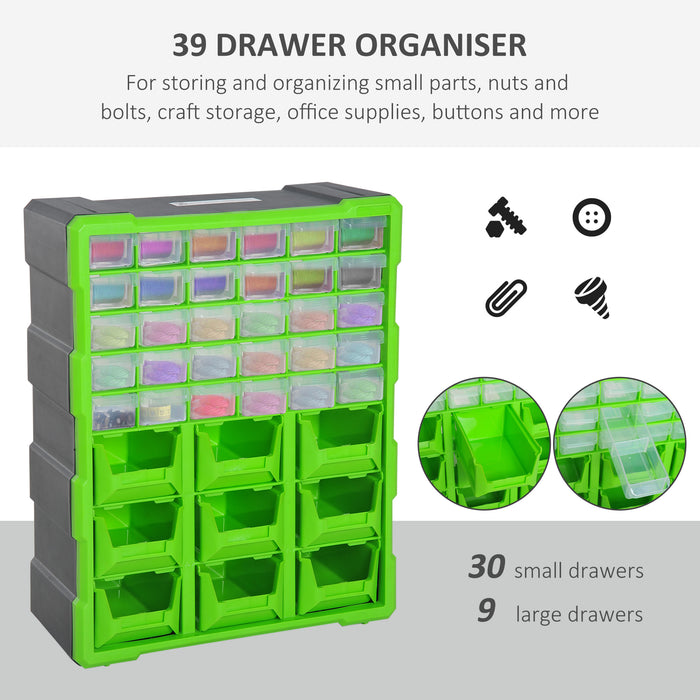 39-Drawer Organizer Cabinet - Compact Plastic Storage Solution, 38x16x47.5 cm, in Green - Ideal for Home, Office or Workshop Organization