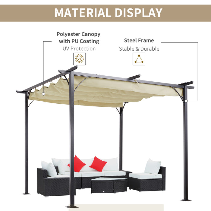 Metal Pergola Gazebo with Retractable Canopy - 3x3m Durable Outdoor Sun Shade Shelter, Beige - Ideal for Garden, Marquee Parties & BBQ Gatherings