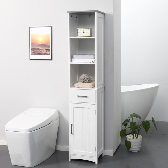 Freestanding Linen Tower Cabinet - 3-Tier Shelf, Cupboard, Drawer & Door Slim Storage Organizer - Ideal for Bathroom & Small Spaces