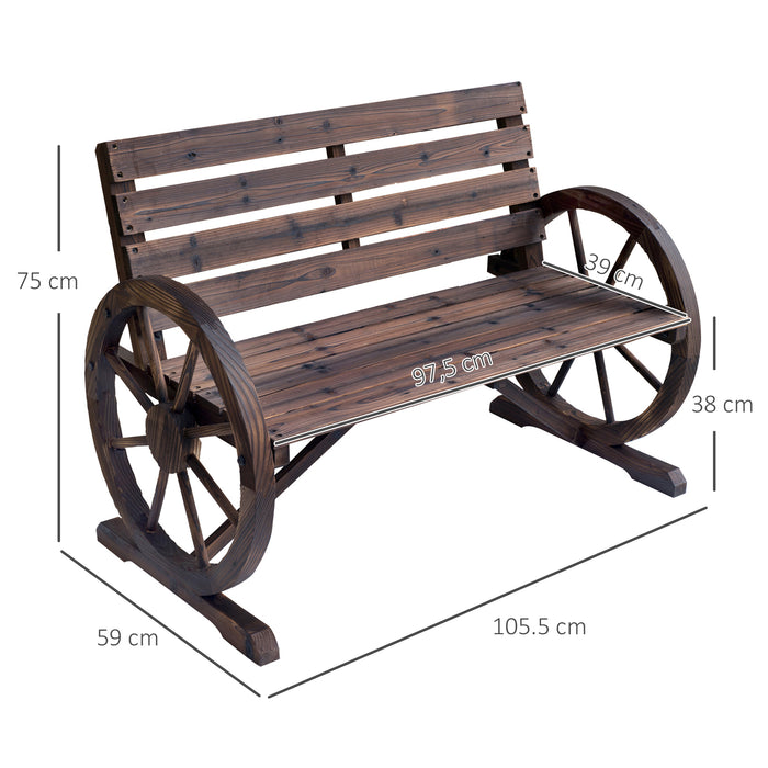 2-Seater Wooden Garden Bench with Rustic Wagon Wheel Design - High Back, Brown Outdoor Seating - Ideal for Patio Decor and Relaxation