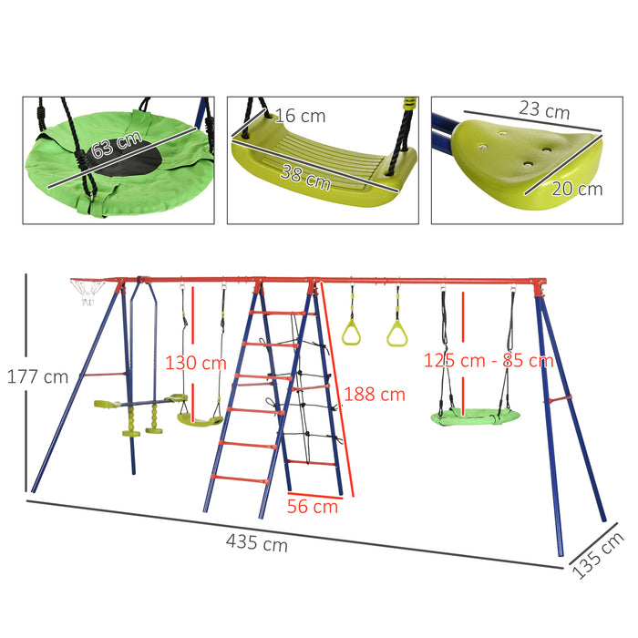 6-in-1 Outdoor Metal Garden Swing Set - Double Kids Swings, Climbing Frame, Glider, Trapeze, Basketball Hoop - Perfect Playset for Children's Backyard Entertainment