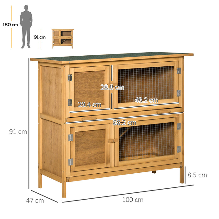 Double Decker 2-Tier Rabbit Hutch - Outdoor Guinea Pig House with Slide-Out Tray, Asphalt Roof & Ramp, 100x47x91cm - Ideal Shelter for Small Pets in Yellow