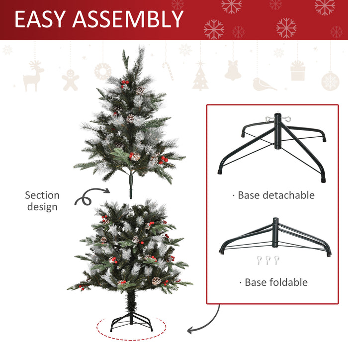 5FT Snow-Dipped Artificial Christmas Pencil Tree - Holiday Home Decor with Foldable Stand, Red Berries & White Pinecones - Ideal for Festive Party Ambiance