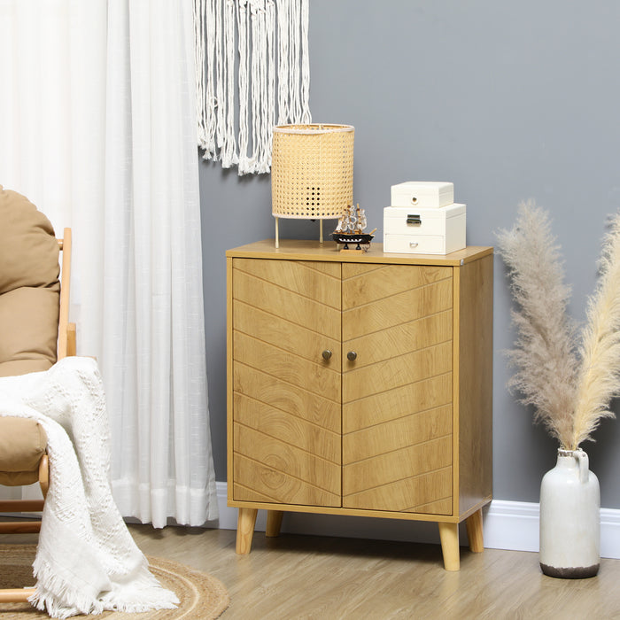 Vintage-Style Chevron Cabinet - Double Door Storage with Pine Wood Legs and Natural Wood Finish - Ideal for Retro Home Organization