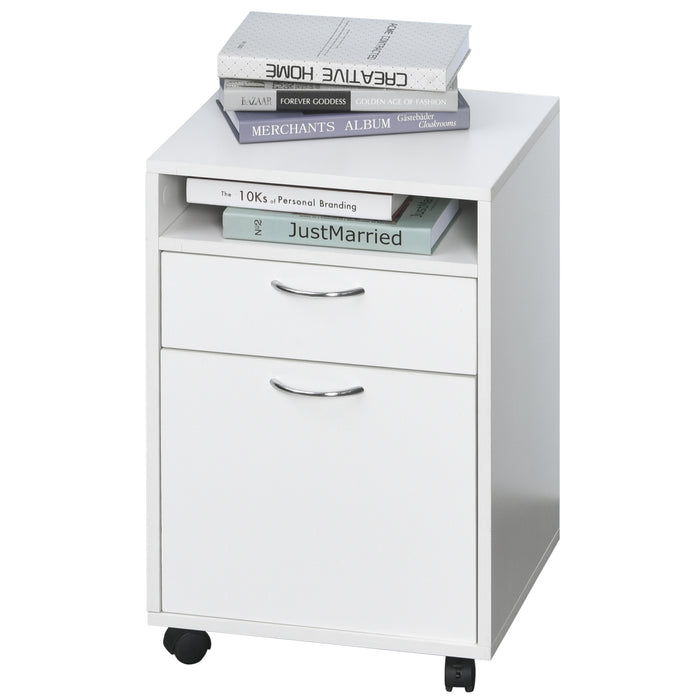 Mobile Office Storage Cabinet with Drawer - 60cm White Unit with Open Shelf & Metal Handles - Home Organiser on 4 Wheels for Office Supplies & Printer