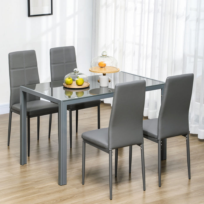5-Piece Kitchen Dining Set - Elegant Glass Table with 4 Grey Faux Leather Chairs, Sturdy Metal Frame - Perfect for Dining Room and Dinette Use