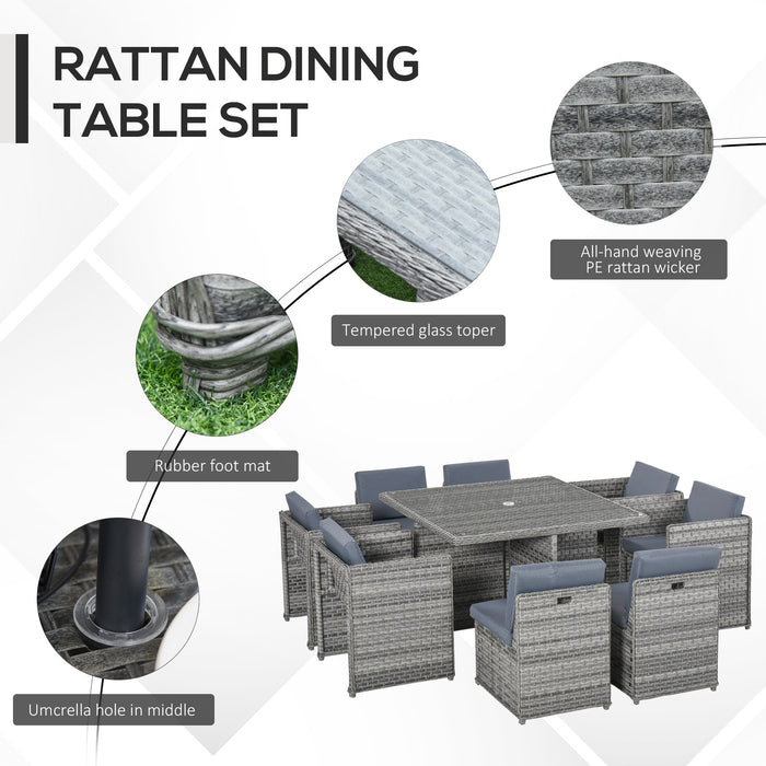 8-Seater Rattan Dining Set - Patio Garden Wicker Cube Sofa with Umbrella Hole Table, Mixed Grey - Perfect for Indoor & Outdoor Entertaining