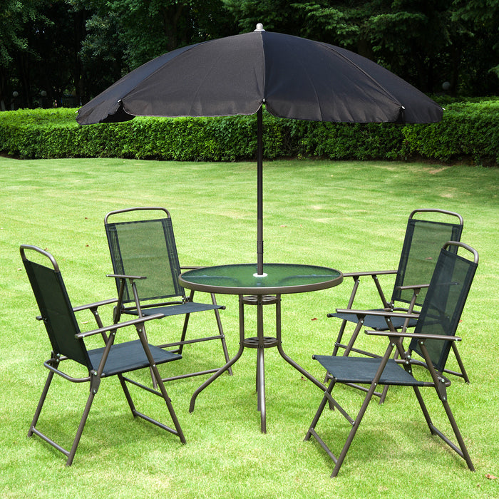 6-Piece Outdoor Bistro Set - Texteline Folding Chairs, Table, and Umbrella in Black - Ideal Patio Furniture for Garden and Dining