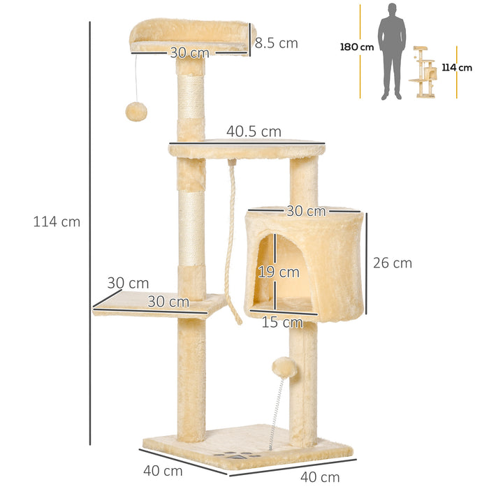 Cat Tree Tower - 114cm Tall Beige Cozy Condo for Cats with Scratching Posts - Ideal for Climbing & Lounging Pets