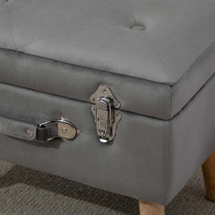 Faux Velvet Upholstered Storage Trunk - Elegant Grey Ottoman with Wooden Legs - Ideal for Home Organization and Comfort Seating