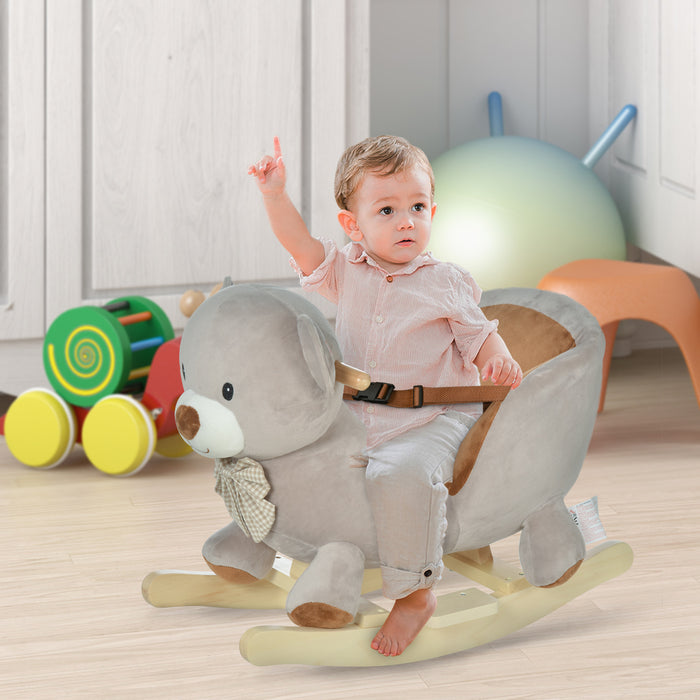 Plush Rocking Bear Toy with Sound for Toddlers - Soft Ride-On Animal with Sturdy Wooden Base and Safety Belt - Entertaining and Safe Baby Rocker for Indoor Play