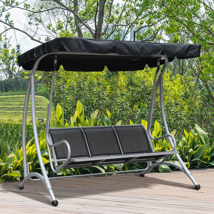 Outdoor Patio 3-Seater Bench Swing Chair with Adjustable Canopy, Steel Frame - Relaxing Black Porch Swing for Garden, Deck, and Backyard Comfort