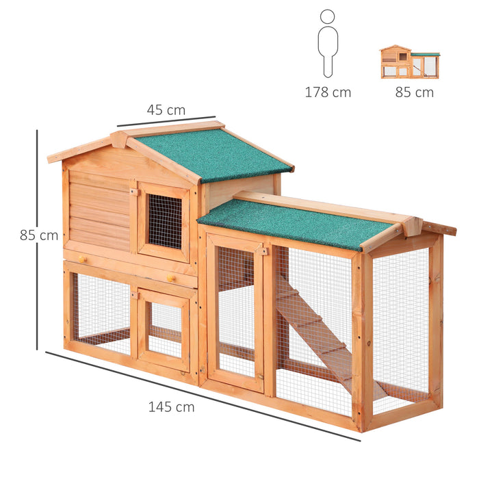 Rabbit Hutch with 2 Levels and Ramp - Durable Fir Wood Construction for Small Animals, Brown - Ideal Habitat for Rabbits and Small Pets