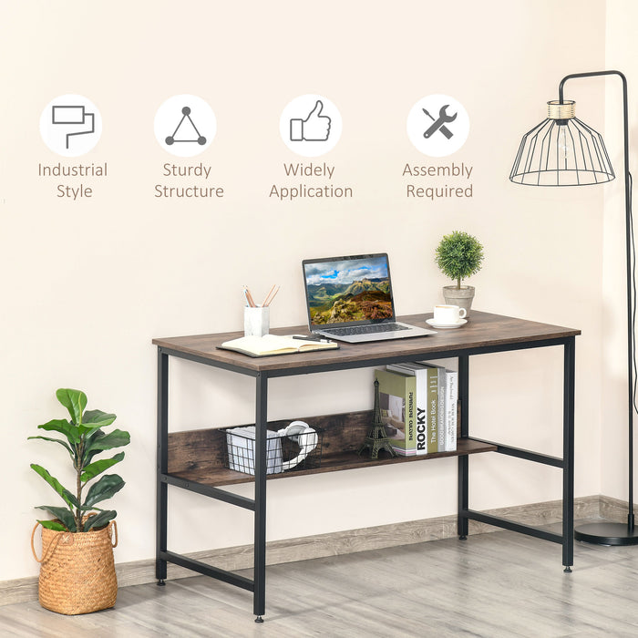 Adjustable Home Office Desk with Storage Shelf - Sturdy Metal Frame and Rustic Brown Finish - Ideal for Laptop Use, Study, and Writing Workstations