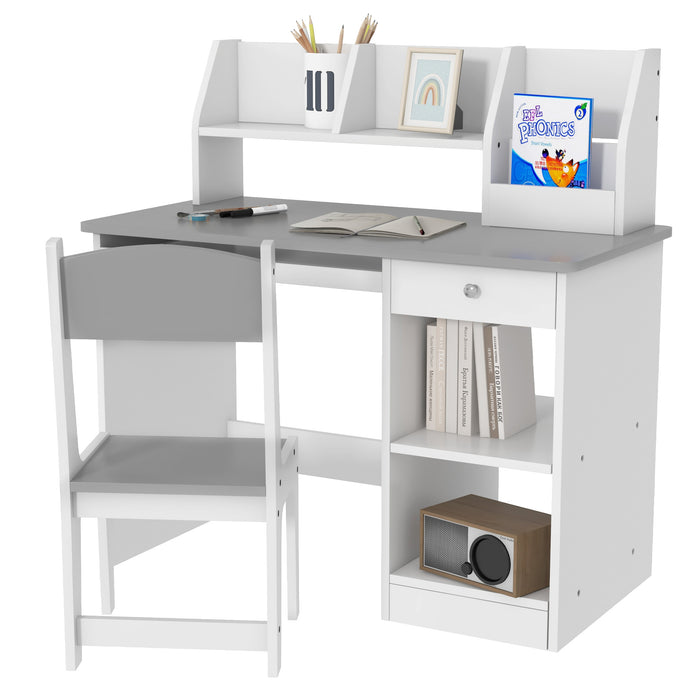 Kids Desk and Chair Set with Storage - Ergonomic Children’s Furniture for Ages 5-8, 2-Piece Set in Grey - Ideal Study Space Solution for Young Learners