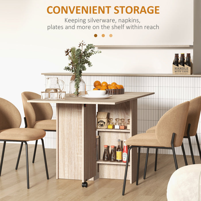 Compact Foldable Dining Table - Space-Saving Drop-Leaf Design with 2-Tier Storage Shelves and Rolling Casters - Ideal for Small Kitchens and Apartments