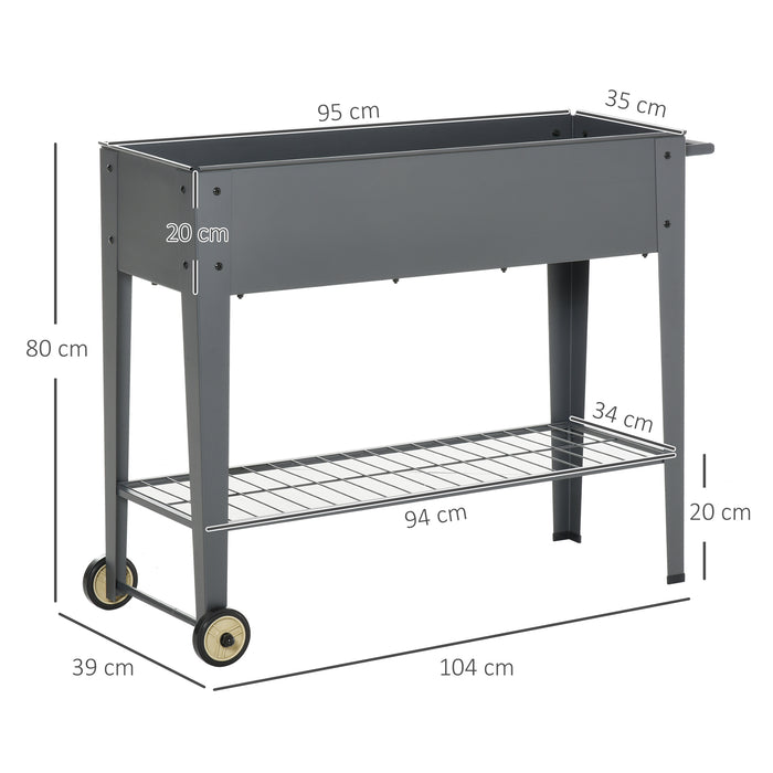 Mobile Raised Garden Bed on Wheels - Planter Flower Box with Bottom Storage Shelf, Grey, 104x39x80cm - Perfect for Patio Gardening and Urban Outdoor Spaces