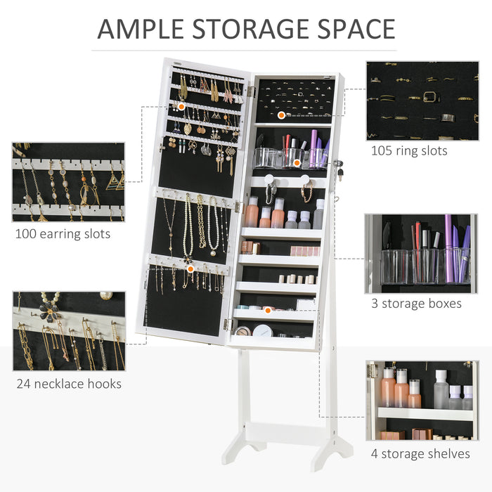 Lockable Full-Length Mirror Jewelry Cabinet with LED Light - Spacious Organizer for Accessories and Cosmetics - Ideal for Bedroom or Dressing Room Storage