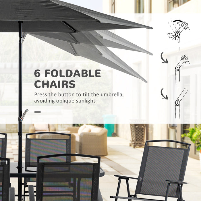 Metal Garden Furniture Set - 8 Pieces with Parasol, Folding Chairs, and Tempered Glass Table - Ideal 6-Seater Outdoor Patio Dining Ensemble