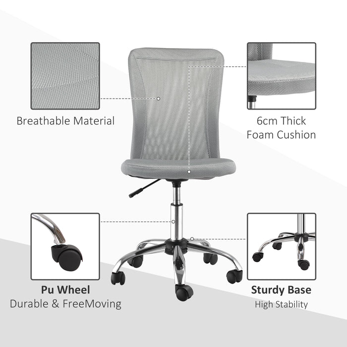 Ergonomic Armless Mid-Back Mesh Task Chair - Height Adjustable and Swivel Wheels in Grey - Perfect for Home Office Comfort and Productivity