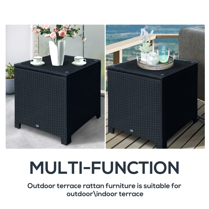 Rattan Garden Side Table - Sturdy Patio Frame with Tempered Glass Top, Black - Ideal for Outdoor Living Spaces