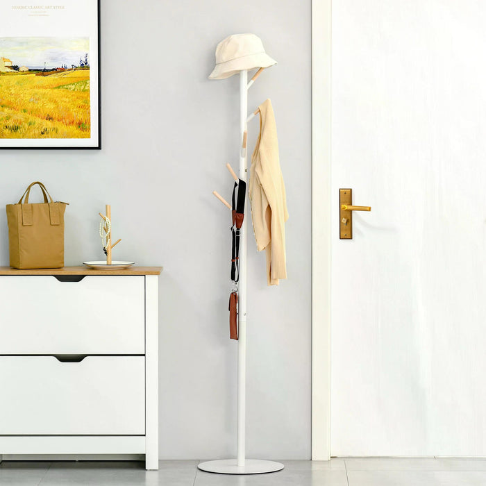 Free Standing 174cm Coat Rack Stand with 6 Hooks - Clothes, Hat Display and Hanging Organizer in White - Ideal for Hallway, Entryway Storage