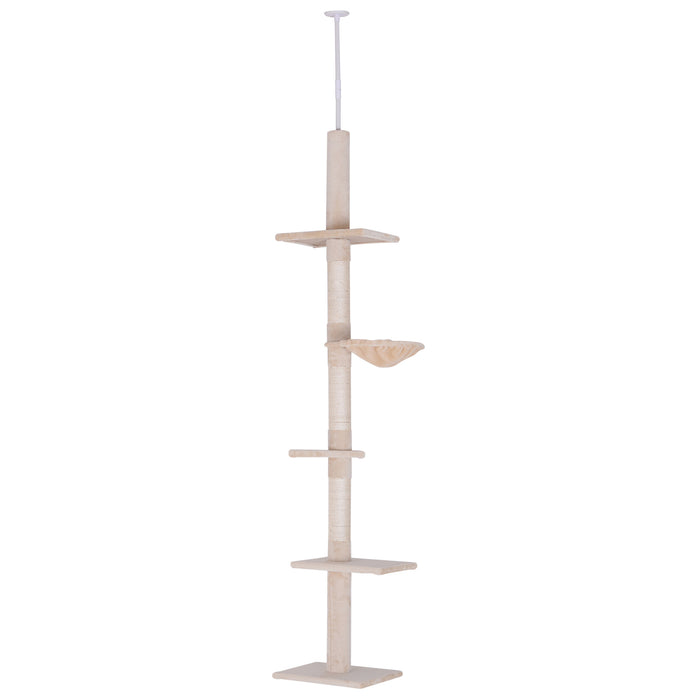 Adjustable 5-Tier Cat Climbing Tree - Floor-to-Ceiling Kitty Tower with Scratching Posts - Ideal for Feline Play & Exercise from 230-260cm Spaces