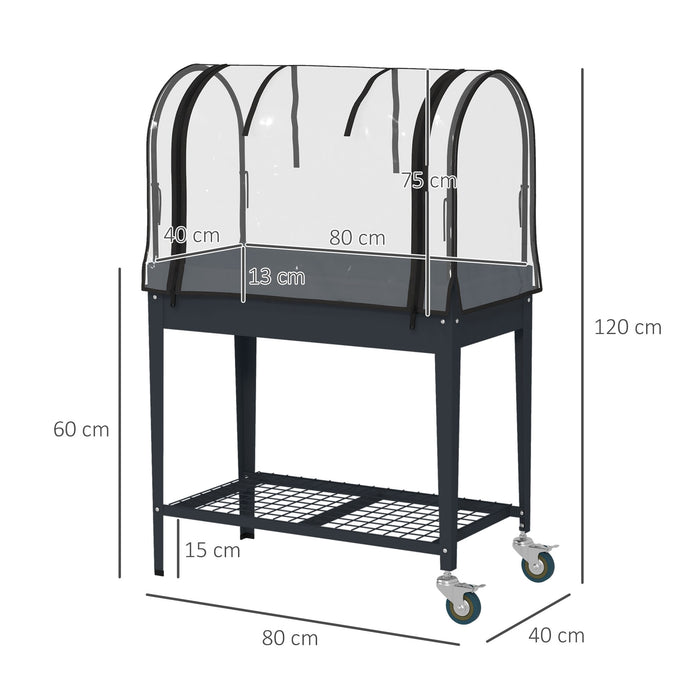 Mobile Elevated Garden Bed with Greenhouse Cover - Wheeled Raised Planter with Lower Storage Shelf, Dark Grey - Ideal for Growing Vegetables & Gardening on Patios