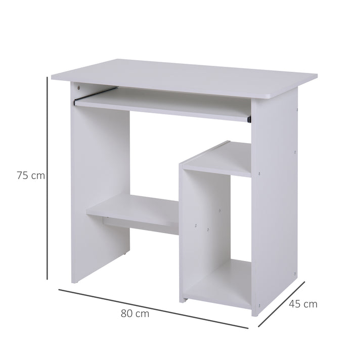 Modern White Wooden Office Desk - Corner Table with Keyboard Tray and Storage Shelf - Ideal for Home Office Organization