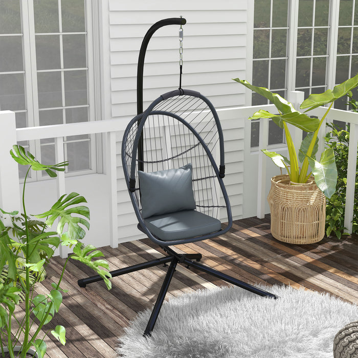 PE Rattan Swing Chair with Cushion - Foldable Patio Hanging Chair with 360° Spring Hook and Height Adjustable Chain - Ideal for Outdoor Relaxation and Comfort