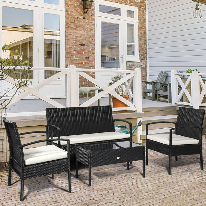 4-Seater Rattan Garden Furniture Set - Black & Cream Wicker Weave Patio Bistro with Table & Chairs - Ideal for Outdoor Entertaining and Conservatory Spaces