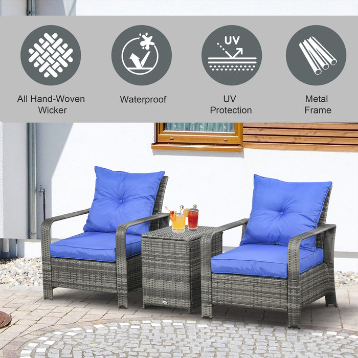 PE Rattan Wicker 3-Piece Patio Bistro Set - Garden Furniture with Storage Table, Sofa, and Chairs, Blue Cushions - Ideal for Conservatory and Outdoor Lounging