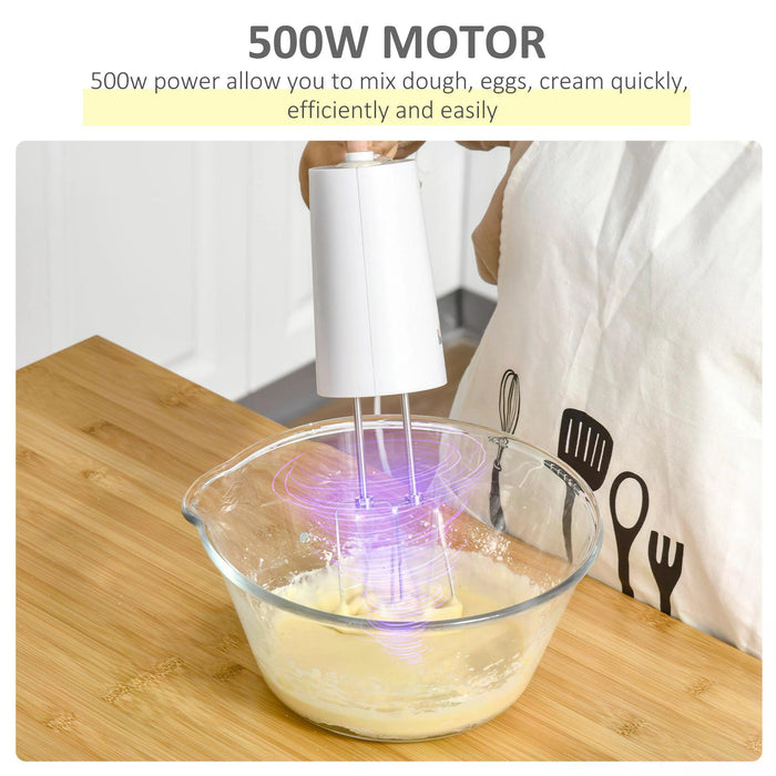 5-in-1 Multi-Function Hand Mixer - 500W Electric Kitchen Appliance with Whisk, Dough Hook, Beater, Blender & Chopper - Ideal for Baking & Meal Prep in White