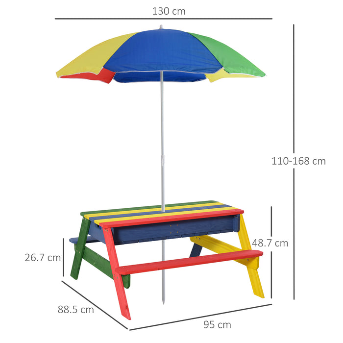 Colorful Kids Picnic Table and Bench Set with Sandbox - Outdoor Wooden Rainbow Furniture with Removable & Height Adjustable Parasol - Perfect for Garden, Patio, Backyard & Beach Playtime