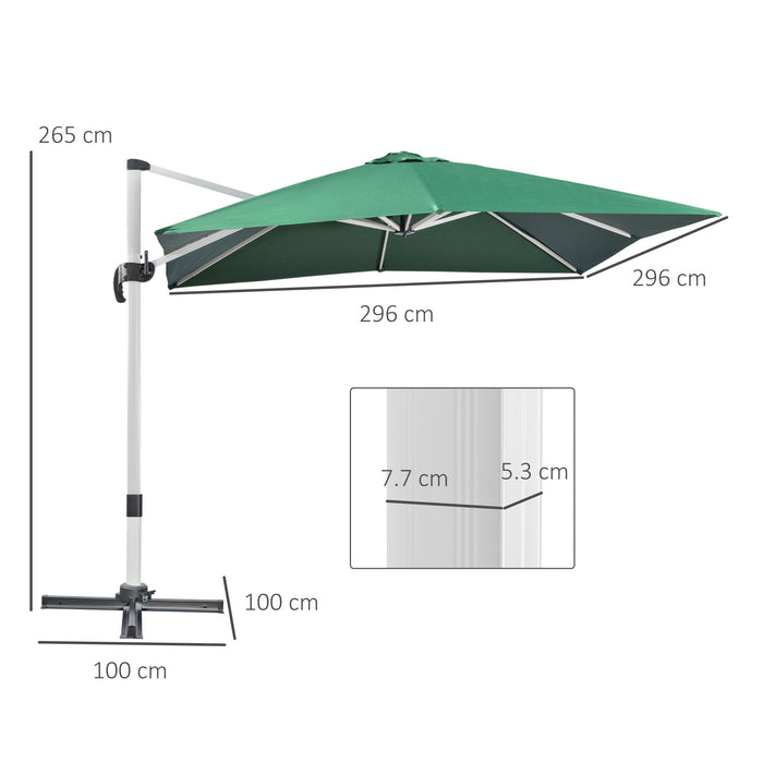 Cantilever Square Parasol Umbrella, 3x3m - Garden Shade with Crank Handle, Tilt, and 360° Rotation, Aluminium Frame with Cross Base - Perfect for Outdoor Relaxation and UV Protection