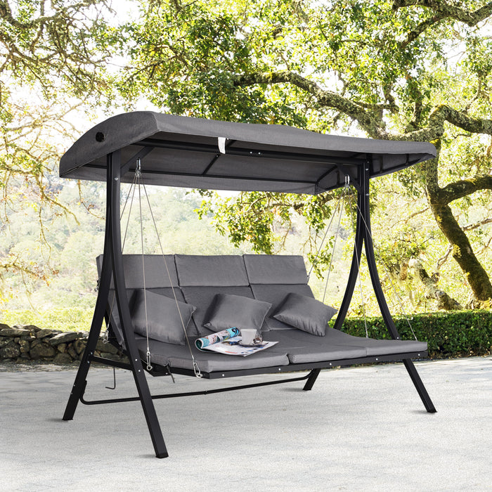 Outdoor 3-Seater Steel Recliner Swing Chair - Sturdy Garden Lounger with Grey Canopy - Comfortable Seating for Patio Relaxation