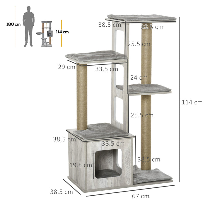 Large Cat Tower with Jute Scratching Post and Condo - 114cm Multi-Level Play House and Activity Center for Indoor Cats - Sturdy Furniture for Kittens in Grey