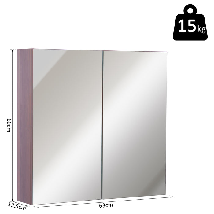 Wall Mounted Glass Mirror Cabinet in Light Walnut - Bathroom Storage Solution with Shelves, 63cm W x 60cm H x 13.5cm D - Ideal for Organizing Toiletries and Cosmetics