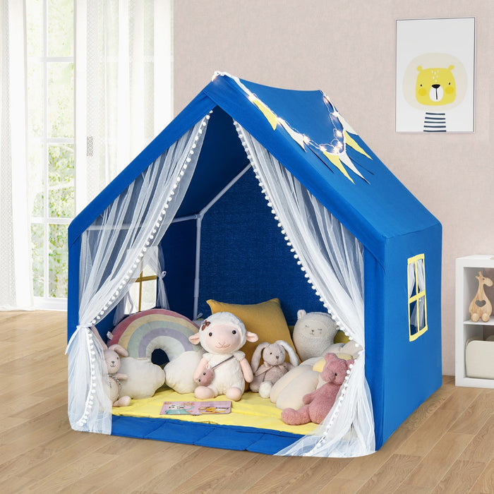 Playhouse for Kids and Toddlers - Includes Washable Cotton Mat and Star Lights, with Windows, Navy Blue - Ideal Indoor Fun, Encourages Imaginative Play