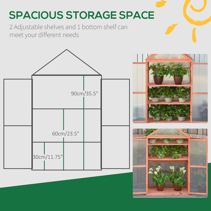 3-Tier Wooden Cold Frame - Polycarbonate Greenhouse with Adjustable Shelves and Double Doors, 80x47x138cm - Ideal for Garden Plant Growth and Protection