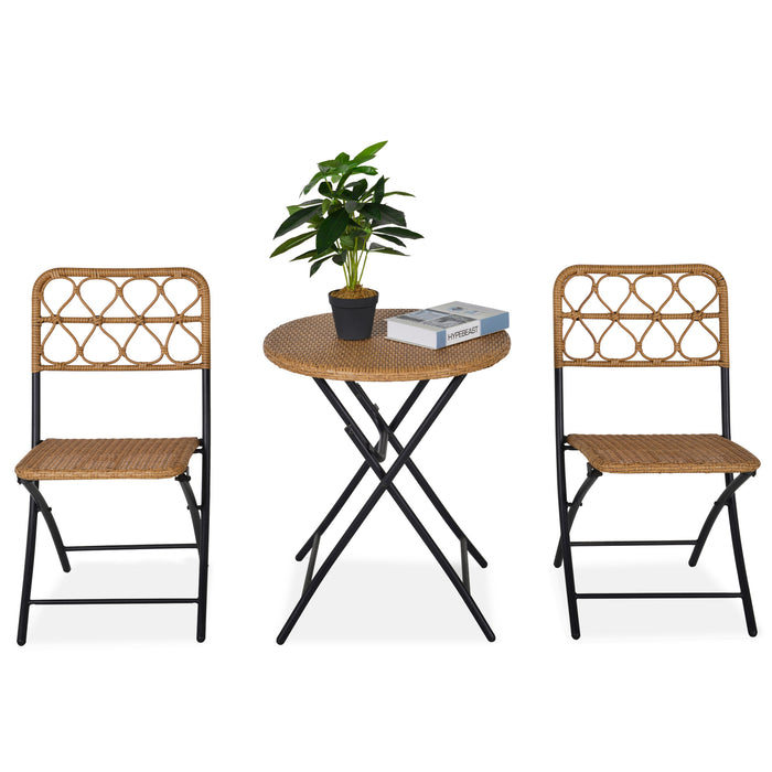 PE Rattan Wicker Bistro Set - 3-Piece Folding Patio Conversation Furniture with Steel Frame - Ideal for Outdoor Dining and Relaxation