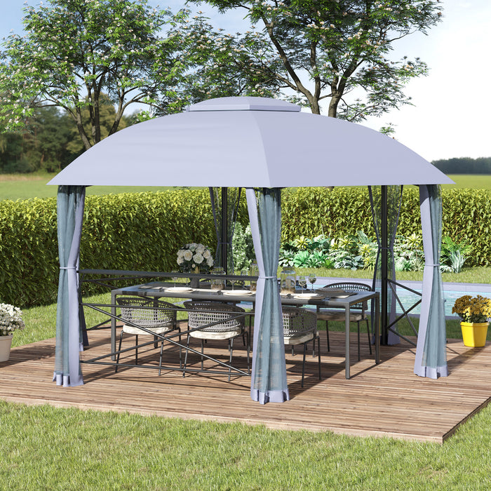 Hexagon Metal Gazebo Canopy 4x4.7m - Outdoor Patio Shelter with 2-Tier Roof and Netting, Steel Frame in Grey - Elegant Sun Shade for Garden Spaces