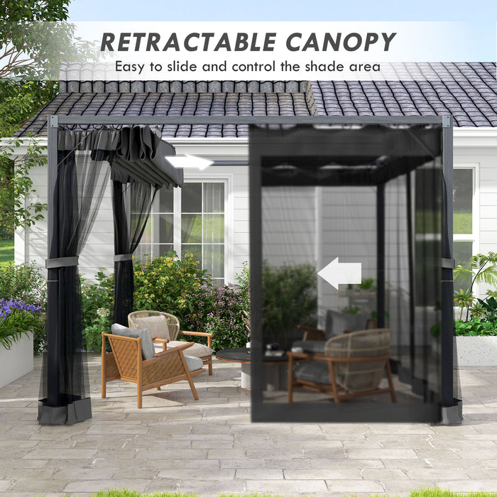 Retractable 3x3m Pergola Gazebo - Garden Shelter with Netting for Outdoor Comfort - Ideal for Grill Area, Patio, Deck – Dark Grey