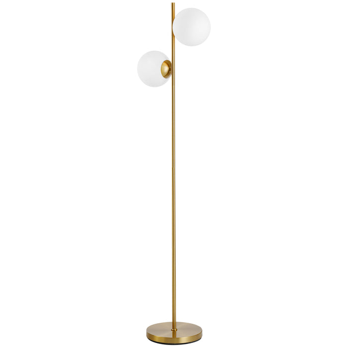 Gold Floor Lamp with Dual Glass Shades - Contemporary Metal Standing Light with Convenient Floor Switch - Stylish Illumination for Home or Office Decor